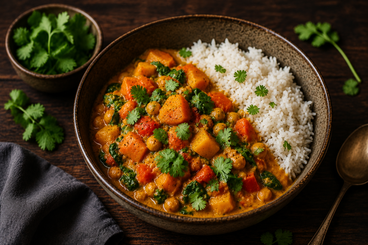 Bol de curry de légumes doux sans PLV accompagné de riz blanc et de coriandre fraîche, présenté sur une table en bois foncé.