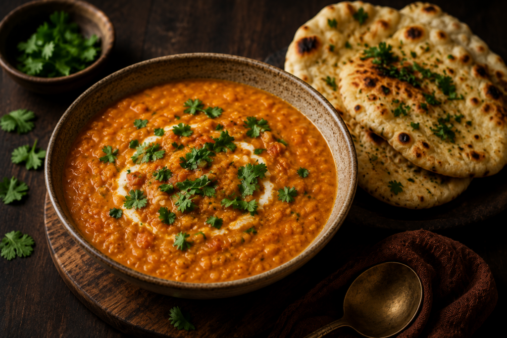 Bol de dahl de lentilles corail sans PLV accompagné d'un pain naan, garni d'herbes fraîches, dans une ambiance chaleureuse.
