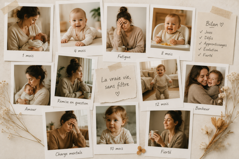 Collage de photos illustrant une maman avec ses deux jeunes enfants à différents moments du quotidien, entre fatigue, tendresse et joie.