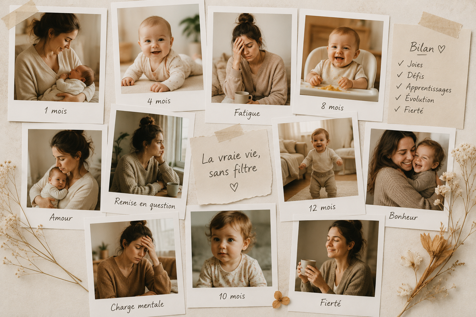 Collage de photos illustrant une maman avec ses deux jeunes enfants à différents moments du quotidien, entre fatigue, tendresse et joie.