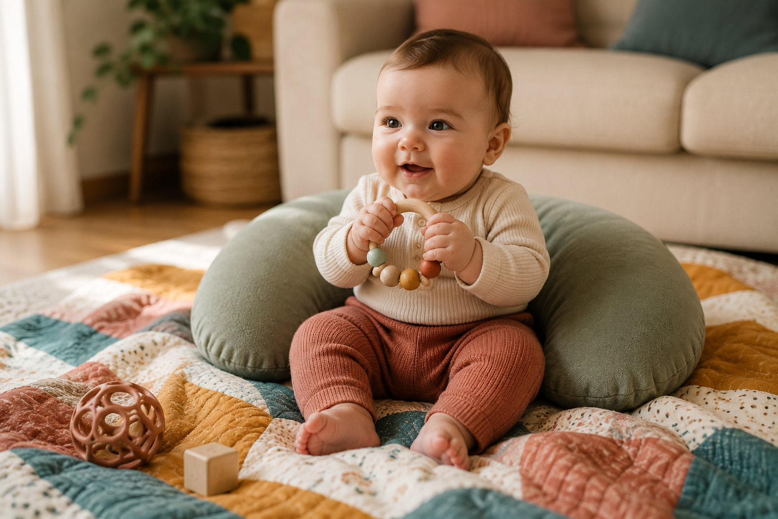 Bébé de 4 à 6 mois assis avec soutien sur une couverture colorée, tenant un jouet d'éveil en bois dans un salon lumineux.