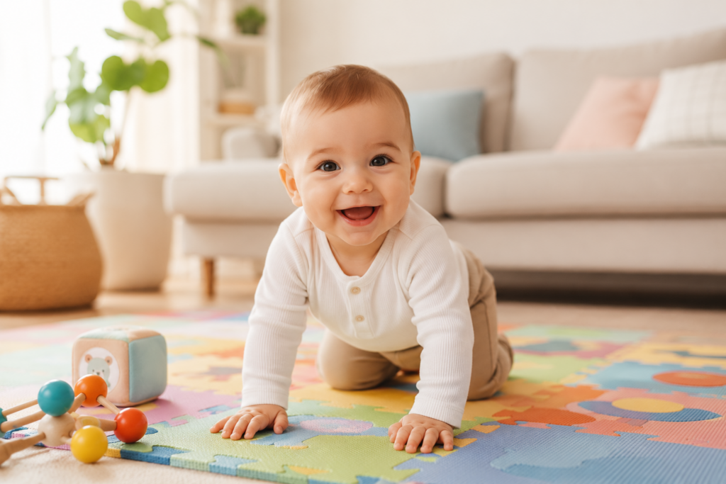 Bébé de 6 à 9 mois à quatre pattes sur un tapis d'éveil coloré dans un salon lumineux, souriant face à l'objectif.