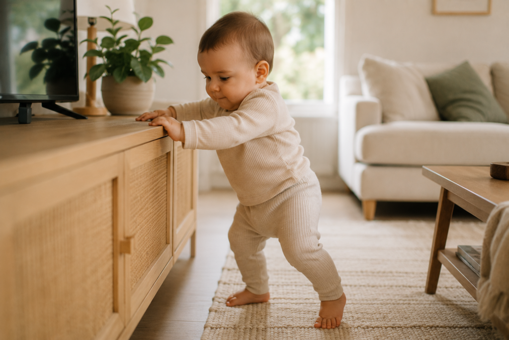 Bébé debout s'appuyant sur un meuble, concentré avant ses premiers pas, illustrant le développement de bébé de 9 à 12 mois.