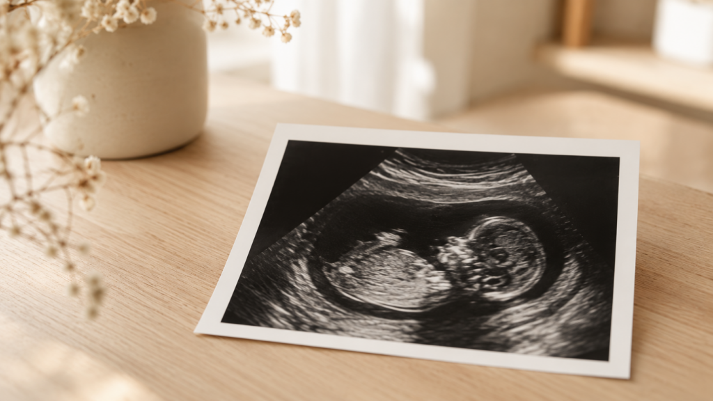 Échographie du premier trimestre illustrant les développements in utero du fœtus.