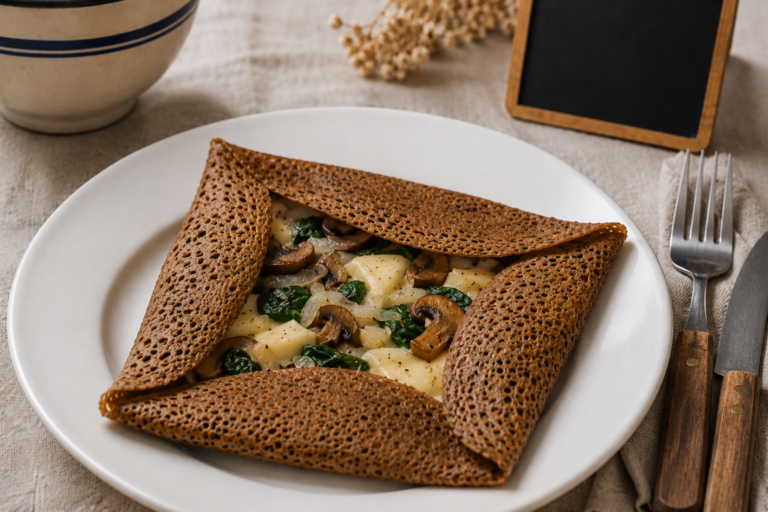 Galette de sarrasin sans œuf garnie de légumes et de fromage végétal, servie sur une assiette blanche dans une ambiance bistrot breton.