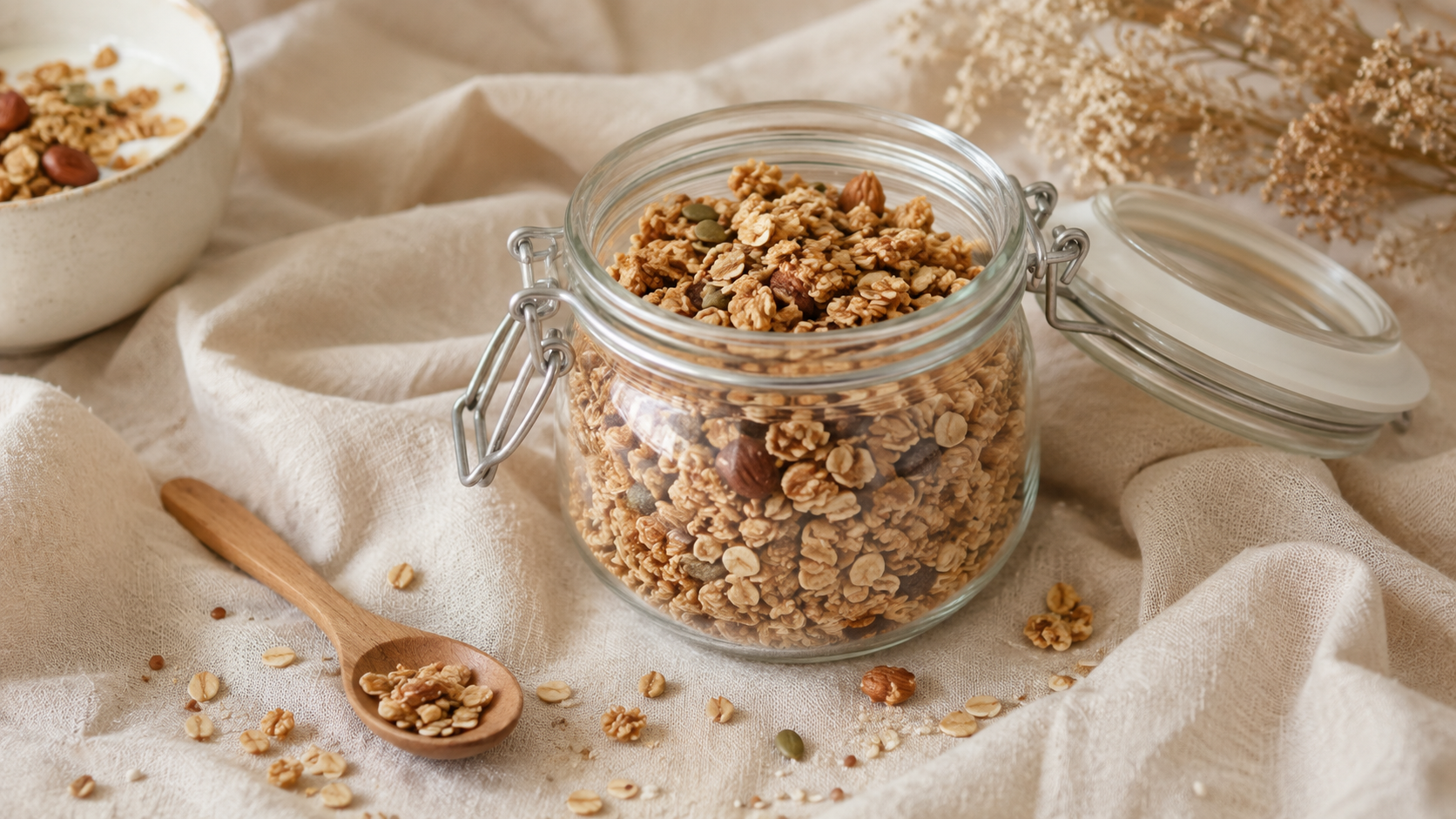 Bocal en verre rempli de granola sans fruits à coque maison avec une cuillère en bois sur un linge en lin beige.
