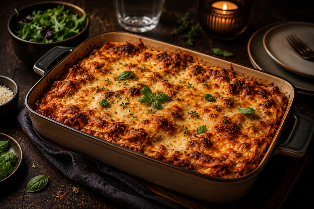 Plat de lasagnes végétariennes sans PLV gratiné, garni d'herbes fraîches, présenté dans une ambiance chaleureuse de repas en famille.