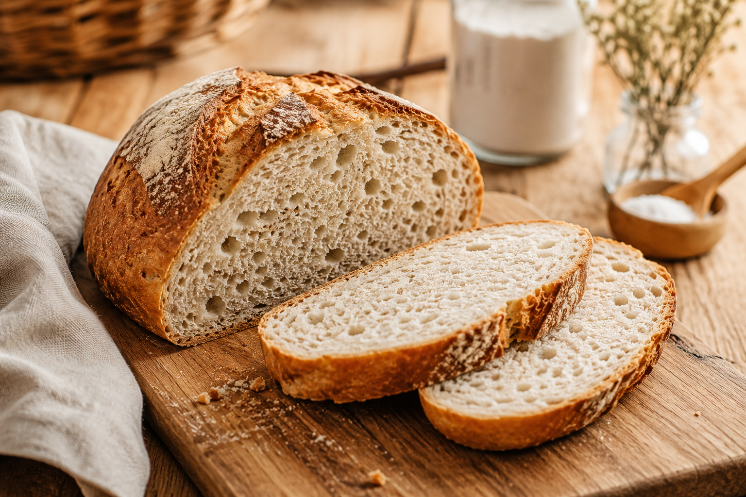 Miche de pain sans gluten maison tranchée sur une planche en bois, avec une croûte dorée et une mie aérée visible.