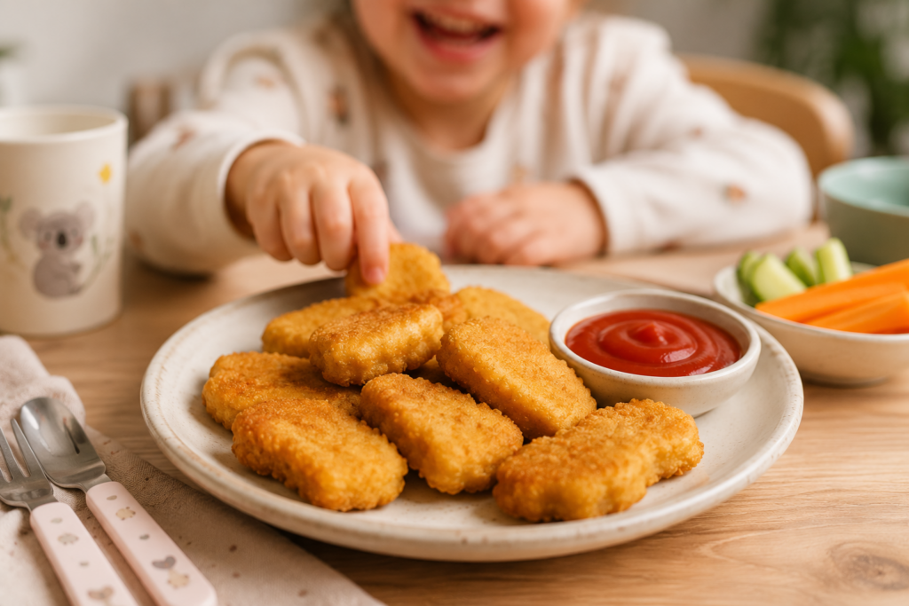 Nuggets de poulet sans œuf maison, dorés et croustillants, servis avec une sauce tomate sur une table en bois clair.