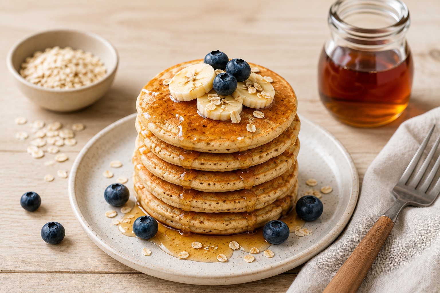 Pile de pancakes sans gluten sans PLV à base d'avoine, nappés de sirop d'érable, présentés sur une assiette en céramique avec un fond en bois clair.