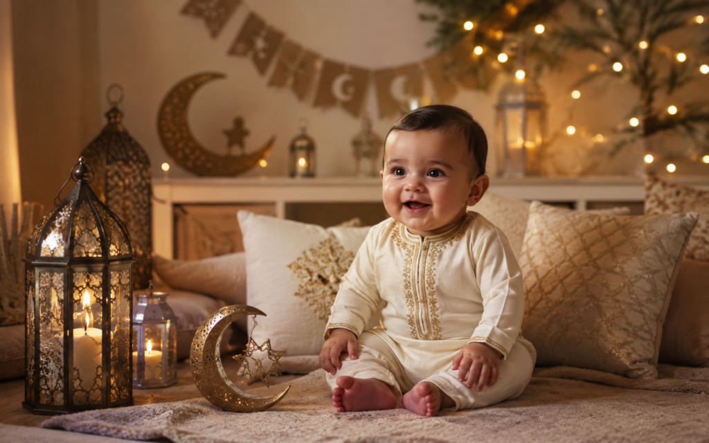 Bébé dans une maison décorée pour l'Eid avec des lanternes et une ambiance chaleureuse, prêt à célébrer en famille.