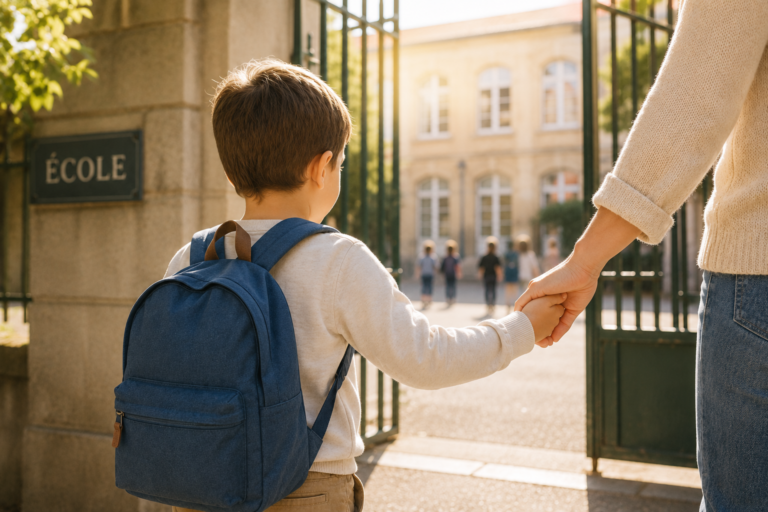 Petit garçon portant un sac à dos et tenant la main d'un parent devant le portail de l'école, dans une douce lumière matinale.