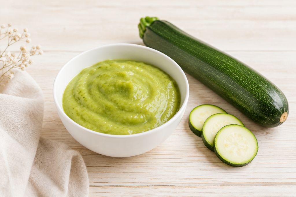 Petit bol blanc de purée de courgette pour bébé accompagné d'une courgette fraîche sur un fond en bois clair dans une ambiance naturelle et épurée.