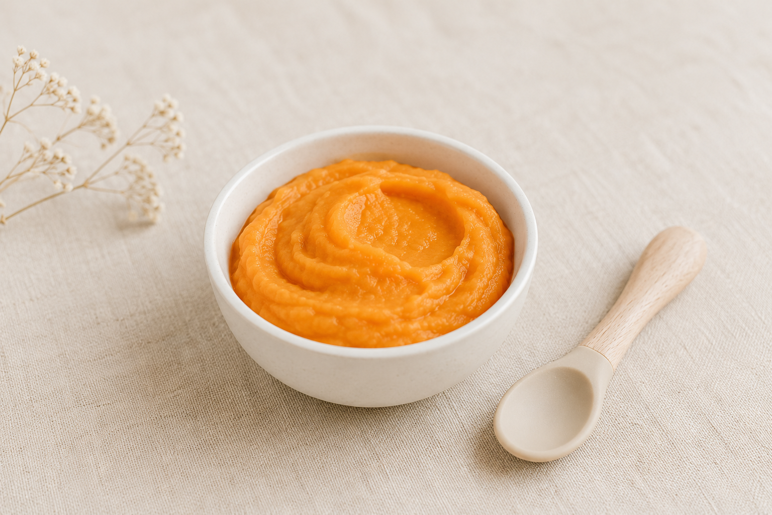 Petit bol blanc contenant une purée de patate douce pour bébé, accompagné d'une cuillère bébé sur un linge en lin naturel dans une ambiance douce et épurée.