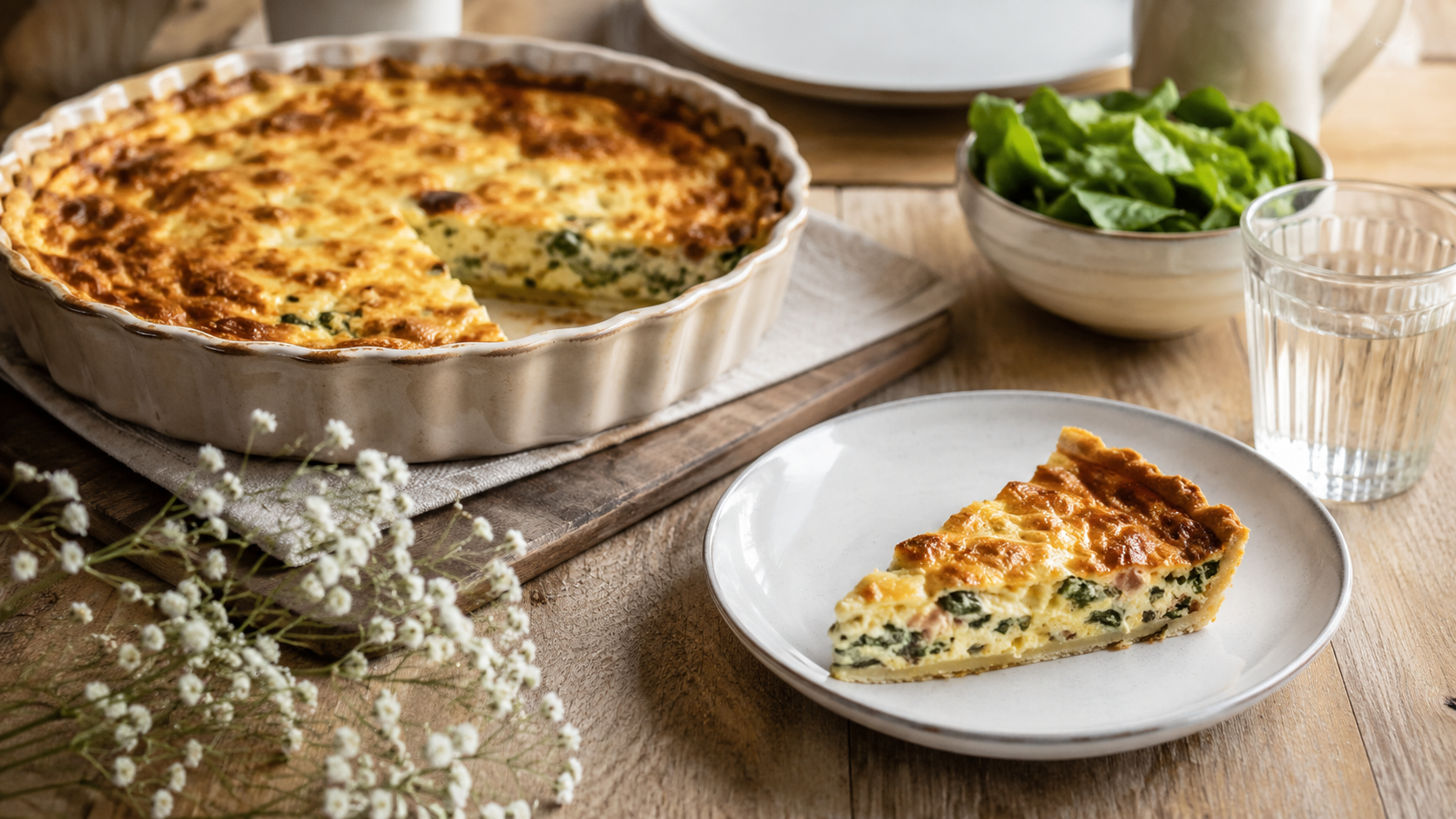 Part de quiche sans œuf au tofu soyeux servie dans une assiette blanche, avec la quiche dorée dans un plat en céramique sur une table en bois.