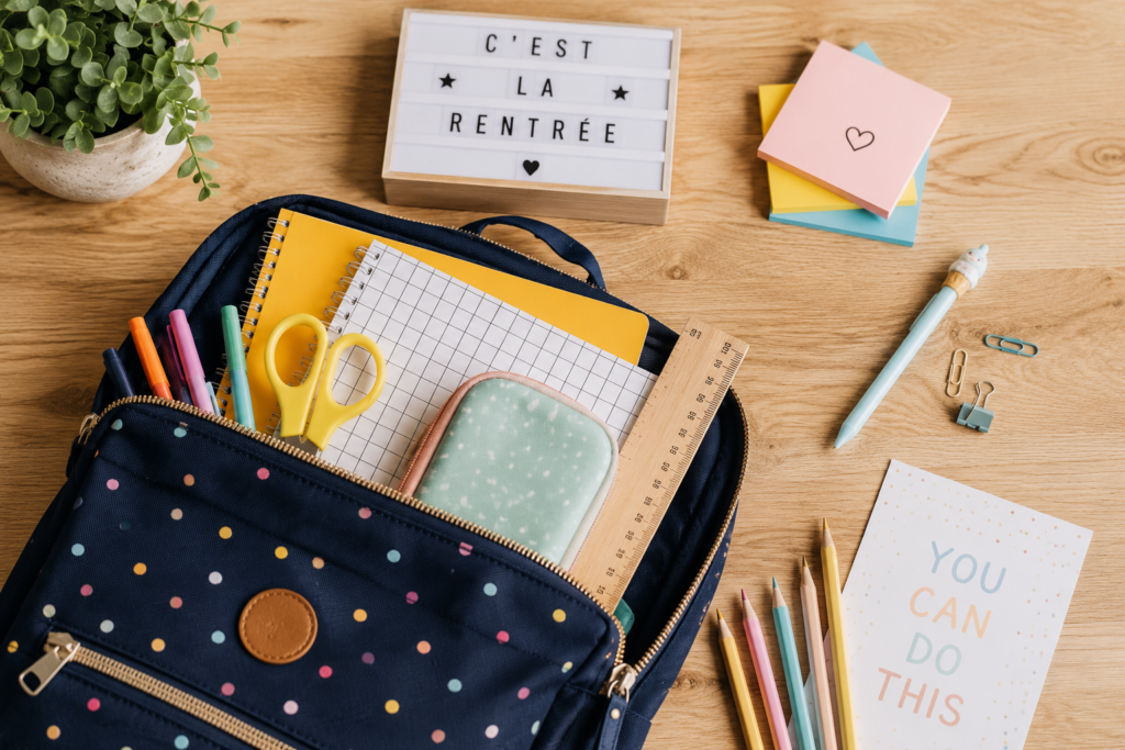 Cartable ouvert avec des fournitures scolaires colorées soigneusement rangées sur une table en bois clair, dans une ambiance joyeuse et lumineuse de rentrée.