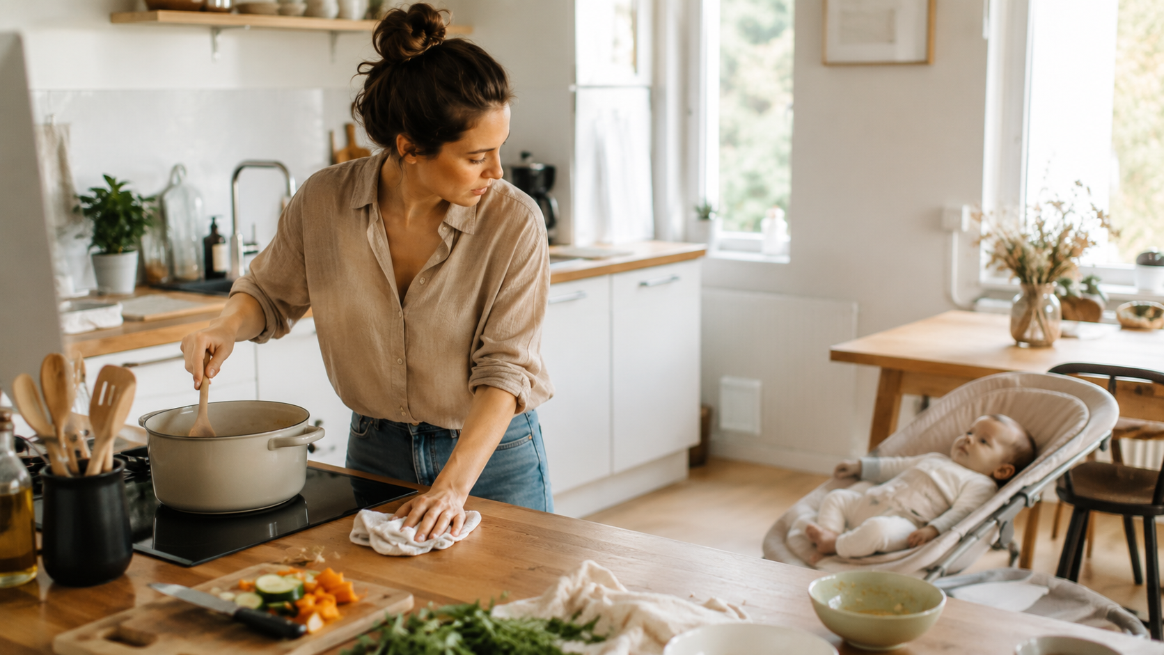Maman préparant le repas tout en surveillant son bébé dans un transat, illustrant la répartition des tâches dans le couple après bébé.