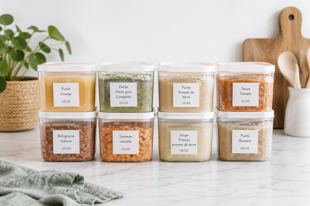 Boîtes de congélation étiquetées et soigneusement alignées sur un plan de travail clair, remplies de repas maison préparés à l'avance pour le post-partum.