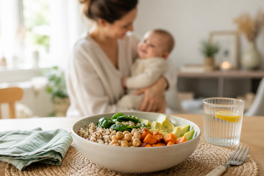 Bol de repas équilibré composé de céréales, légumes et protéines sur une table en bois, avec une jeune maman tenant son bébé en arrière-plan dans une ambiance chaleureuse.