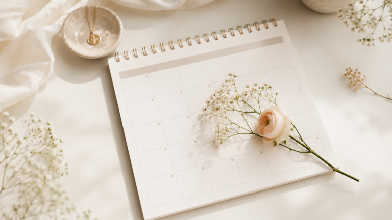 Calendrier mensuel accompagné d'une fleur sur un fond crème, illustrant le retour de couche après l'accouchement.