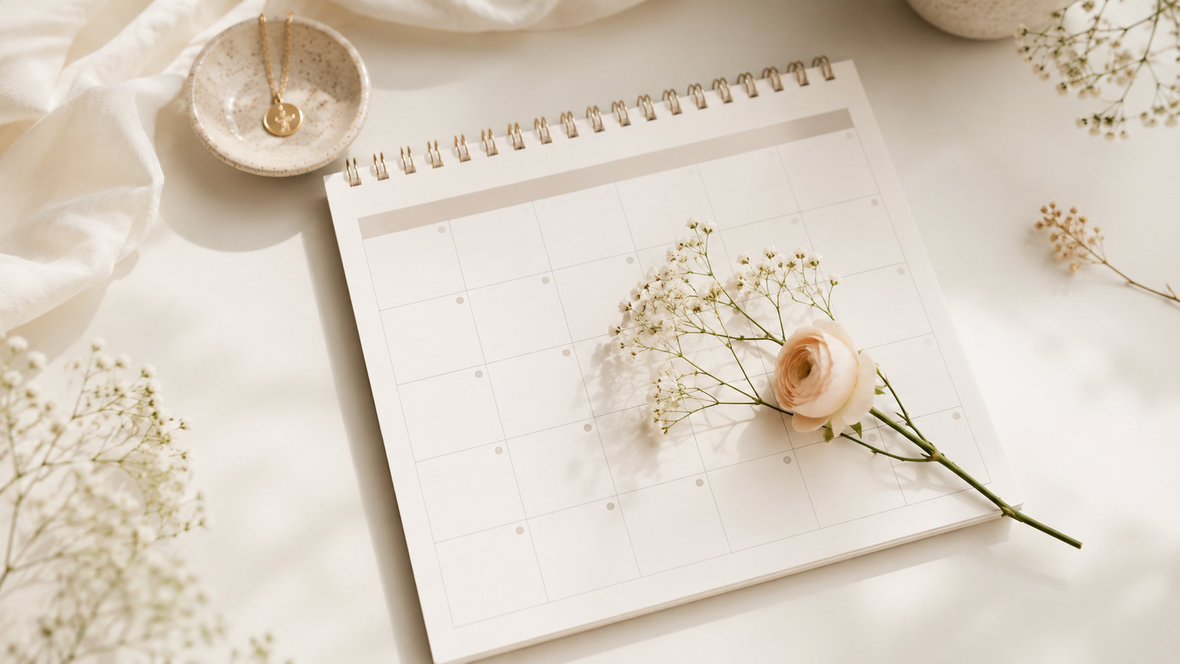Calendrier mensuel accompagné d'une fleur sur un fond crème, illustrant le retour de couche après l'accouchement.