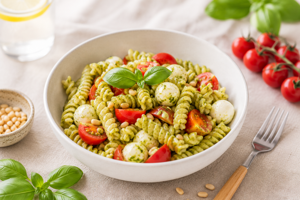 Bol blanc de salade de pâtes sans gluten au pesto, garni de tomates cerises, basilic frais et mozzarella, présenté sur un linge en lin dans une ambiance estivale lumineuse.