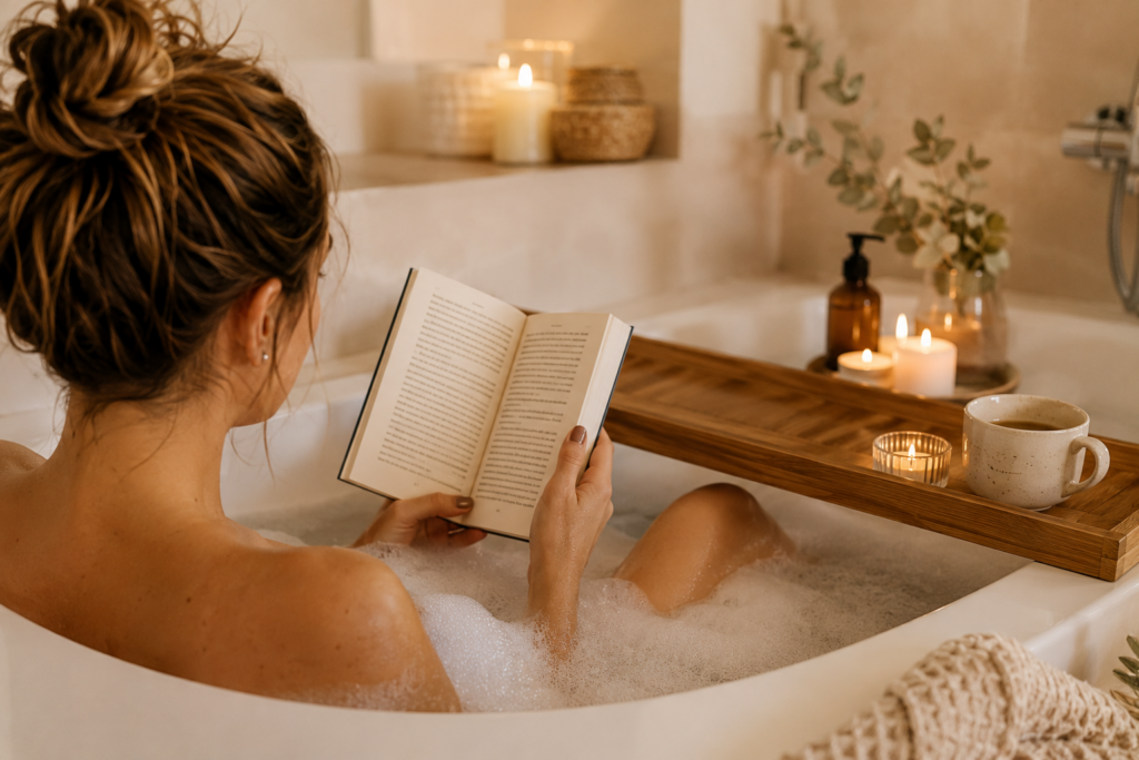 Jeune maman lisant un livre dans un bain moussant entouré de bougies, dans une ambiance chaleureuse et apaisante.