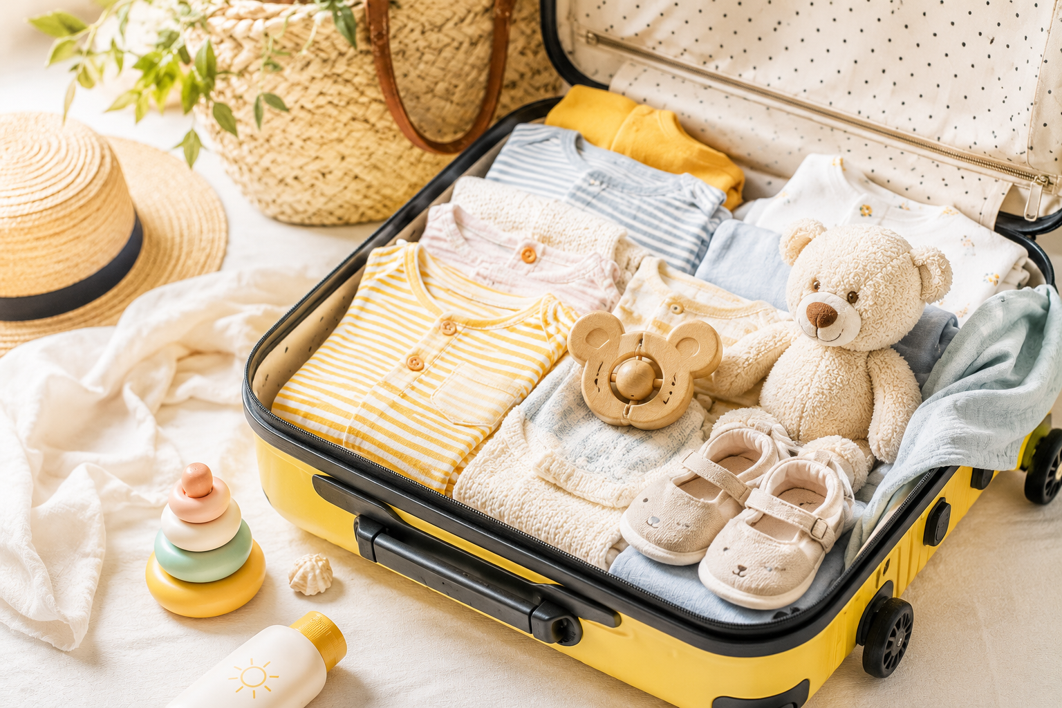 Valise colorée ouverte contenant des vêtements de bébé soigneusement pliés, quelques jouets et des accessoires de voyage, dans une ambiance lumineuse et estivale.