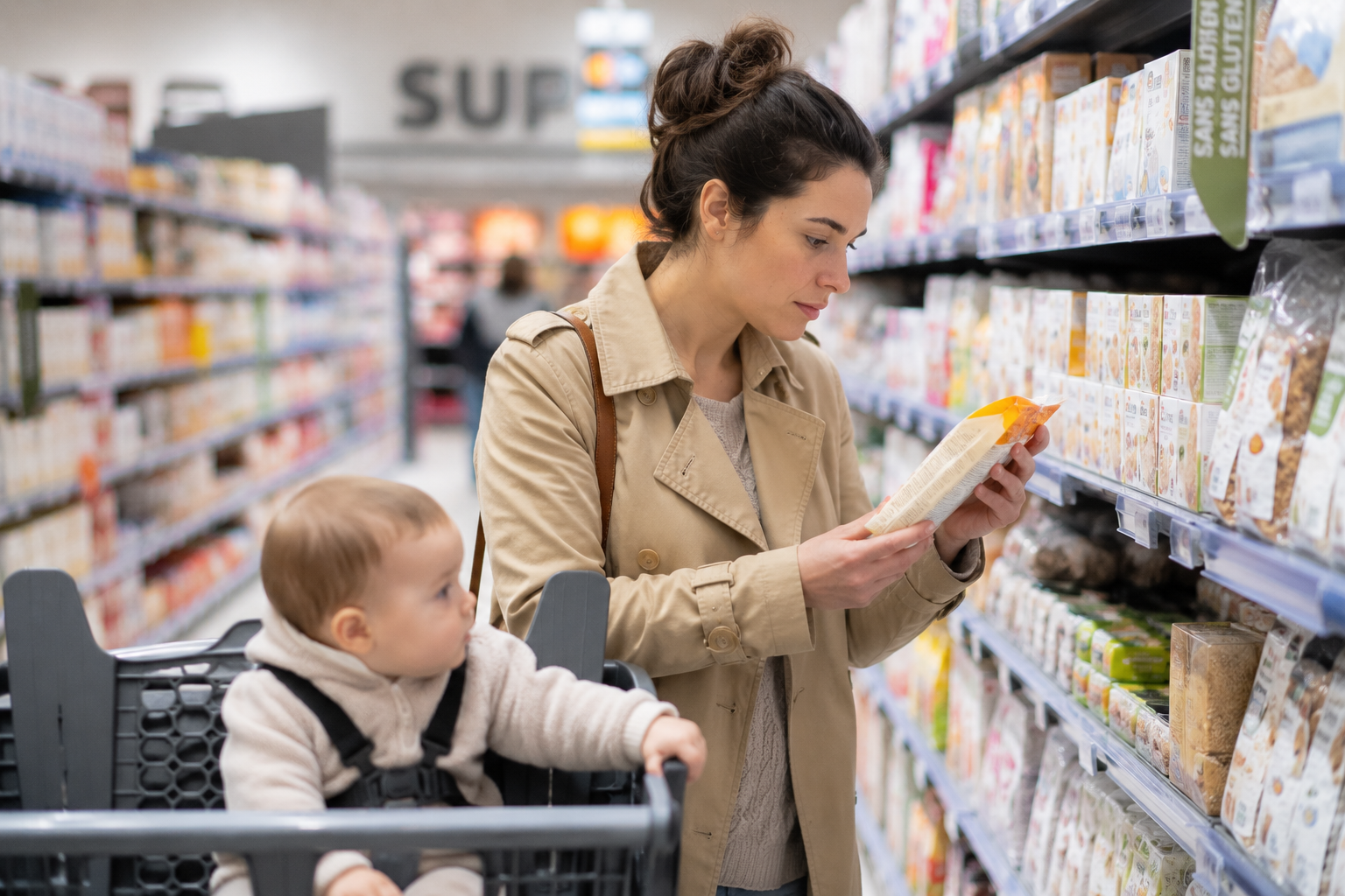 Maman lisant l'étiquette d'un produit au supermarché avec son bébé installé dans le siège du chariot, illustrant le quotidien des allergies alimentaires de bébé.