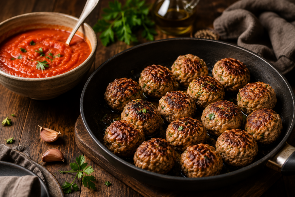Boulettes de viande sans œuf dorées dans une poêle en fonte, accompagnées d'un bol de sauce tomate maison sur une table en bois foncé.