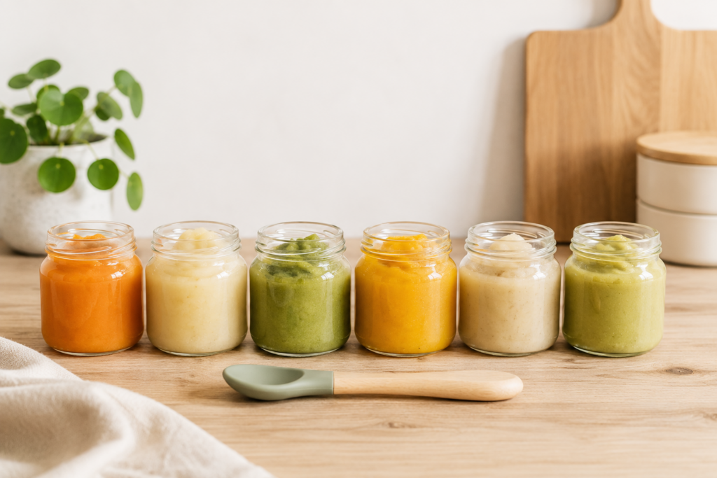 Petits pots de purées colorées alignés sur un plan de travail en bois clair avec une cuillère pour bébé, dans une ambiance douce et lumineuse.